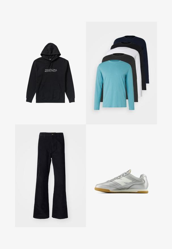 Zwarte hoodie met een voorzak en trekkoordcapuchon, voorzien van het witte Volcom Snow-logo in het midden van de borst, gemaakt van zachte stof.; Vijf longsleeve T-shirts in een rij: turquoise, zwart, wit, donkergrijs en marineblauw. Zachte stof met een ronde hals en een standaard pasvorm.; Zwarte, katoenen flared broeken met een traditionele tailleband, enkele knoop aan de voorkant en zakken aan de zijkanten en achterkant. Glad textuur.; Zilveren sportschoen met een gladde, glanzende oppervlak, wit logo aan de zijkant, gestructureerde grijzige veters en een gumrubberen zool.
