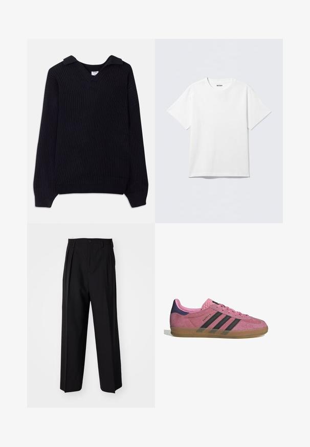 Juoda briaunota megztinis su V formos iškirpte ir sulenktu apykakle. Turi ilgomis rankovėmis ir tekstūruotu mezgimo raštu. Minkšta medžiaga.; Baltas trumpomis rankovėmis medvilninis marškinėlis, su apvalia kaklo iškirpte ir laisvu kirpimu. Audinys yra lygus ir vientisos tekstūros.; Juodi klostuoti kelnių, su tiesiu, plačiu kojų dizainu. Pagaminti iš lygios medžiagos, su mygtukų uždarymu ir diržo kilputėmis.; Rožiniai suediniai sportbačiai su juodomis juostelėmis, gumos padas ir tekstūruotas purpurinis kulnas. Yra šnarančios auselės ir įspaustas prekės ženklas šone.