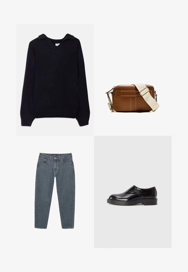 Fekete bordázott pulóver V-kivágással és hajtott gallérral. Hosszú ujjakkal rendelkezik, és textúrázott kötött mintázata van. Puha anyag.; Sötétkék farmernadrág, laza szabással, öt zsebbel, gombos záródással és enyhén rojtos szegéllyel. Tartós anyag, finom textúrával.; Fekete bőr cipő lekerekített orral, alacsony fekete sarokkal és díszítő pánttal. Simább textúrájú, fényes felülettel.; Barna bőr keresztpántos táska fehér varrással, téglalap alakú, cipzáras záródással és bézs állítható pánttal. Két elülső zsebbel rendelkezik.