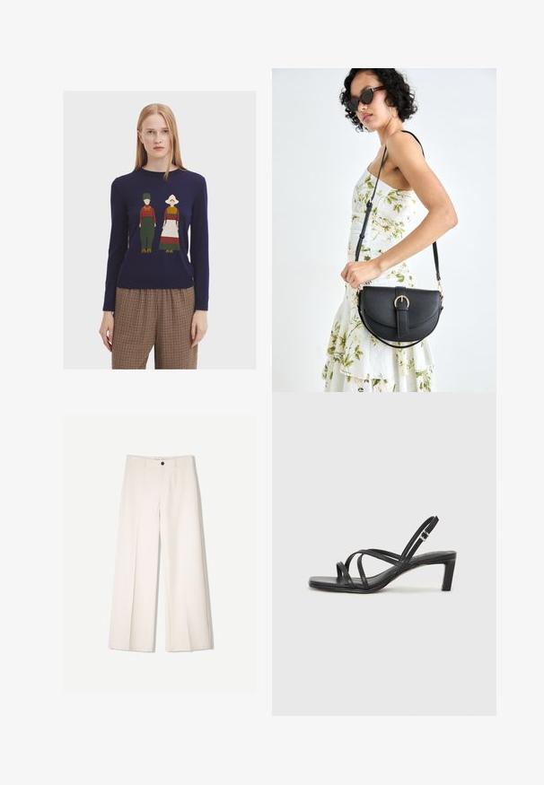 Námornícky modrý pletený sveter s farebným pleteným dizajnom dvoch postáv v tradičnom oblečení, s okrúhlym výstrihom a dlhými rukávmi.; Krémové široké nohavice s nohavicami na mieru, s dvoma prednými vreckami a jedným predným zapínaním na gombík, vyrobené z hladkej tkaniny.; Čierne sandále na vysokom podpätku so štvorcovou špičkou a nízkym blokovým podpätkom. Obsahujú viacero tenkých popruhov a nastaviteľný členkový popruh. Vyrobené z hladkej kože.; Čierna kožená kabelka s zaobleným tvarom, odnímateľným popruhom a zlatými doplnkami. Kabelka má klopu s detailom s prackou.