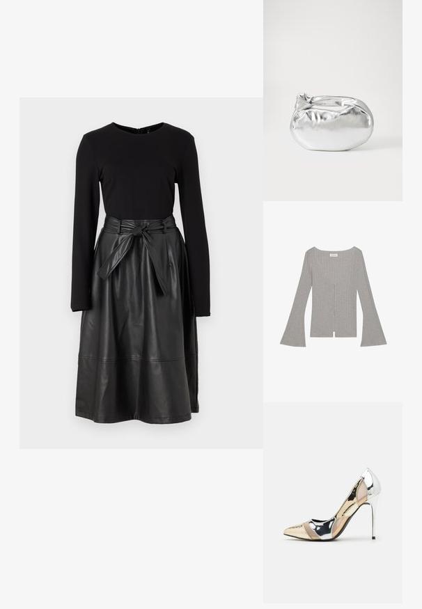 Szürke bordázott felső, hosszú, bővülő ujjakkal, mély V-nyakkivágással és elülső hasítékkal. Puha, rugalmas anyagból készült.; Fekete, hosszú ujjú felső, amely fekete műbőr szoknyával van párosítva, megkötős derékkal és sima, fényes textúrával.; Hegyes orrú magassarkú cipő ezüst, arany és púder színkombinációval. Fényes felületű, kivágott dizájnnal, stiletto sarokkal.; Ezüst fémes anyagú tasak táska, puha, lekerekített formával és csomós záródással a tetején. Simító műbőrből készült.