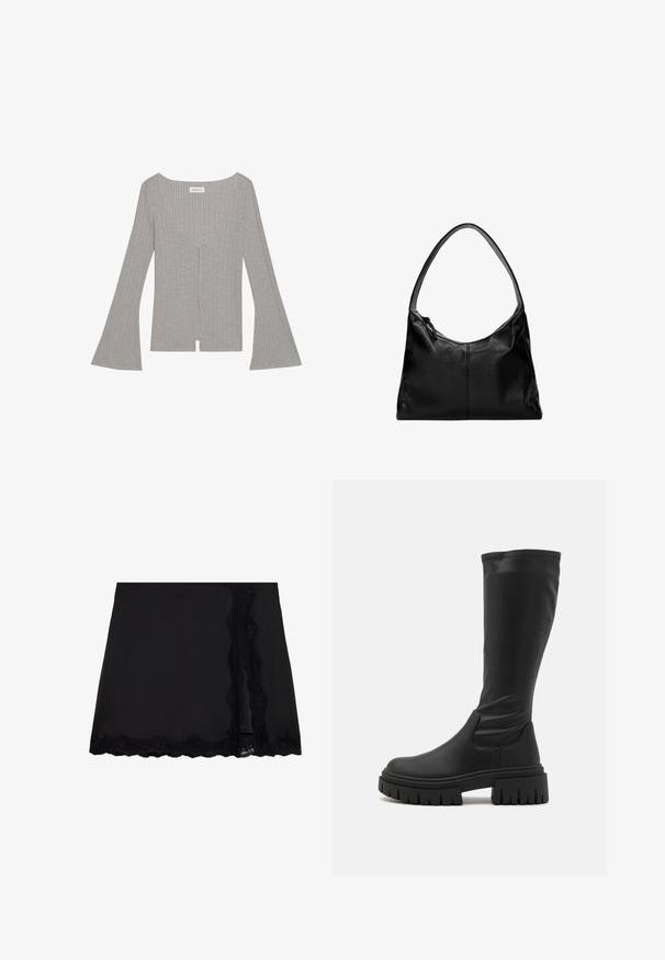 Grijs geribbeld topje met lange, uitlopende mouwen, diepe V-hals en een split aan de voorkant. Gemaakt van een zachte, rekbare stof.; Even&Odd Minirok - black; Even&Odd Plateaulaarzen - black; Zwarte leren schoudertas met een gladde textuur, een gebogen bovenkant en een enkele schouderband. Voorzien van een ritsluiting en een minimalistisch design.
