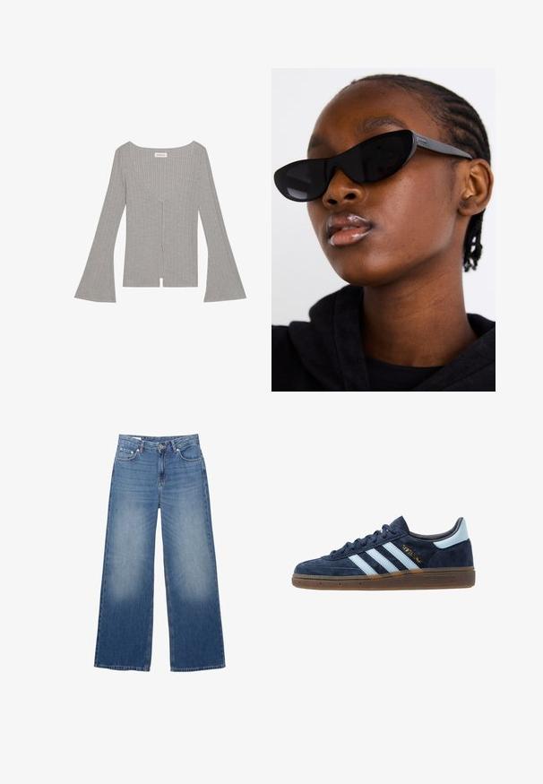 Siv top z ribami z dolgimi, razširjenimi rokavi, globokim V-izrezom in sprednjim razporkom. Narejen iz mehkega, raztegljivega materiala.; Široke, svetlo modre kavbojke z bledejšim videzom, petimi žepi in gumbom za zapiranje v pasu. Iz bombažnega materiala, ravna kroja.; Mornarsko modri velur Adidas športni copati z svetlo modrimi črtami, gumijastim podplatom, svetlo modrim petnim jezičkom in zlatim oznako "Spezial" na strani.; Črne mačkaste sončna očala z mat površino, ki se ponašajo s prefinjenim dizajnom in rahlo ukrivljenimi robovi, nastavljene ob modelovih temnih oblačilih.; Temno zelena usnjena torbica s ukrivljeno obliko, z zadrgo in sprednjim žepom na poklopcu. Opremljena je s srebrnim okovjem in teksturirano površino.