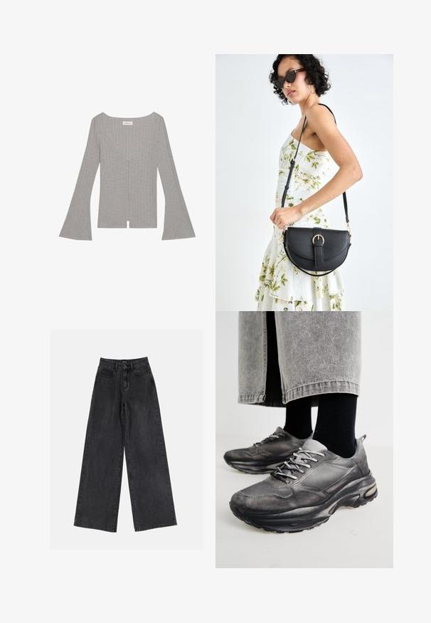 Grå ribbet topp med lange, flagrende ermer, dyp V-hals og splitt foran. Laget av et mykt, elastisk materiale.; Svart bred ben jeans i denim med høy midje, klassisk fem-lommers design og subtil fading. Holdbart stoff med en jevn tekstur.; Sorte og grå treningssko har en mesh-overdel, tykke såler og snøring. De har en rund tå og synlige dempe detaljer.; Svart lærveske med en buet form, avtagbar stropp og gullbeslag. Vesken har et klaff med spenne-detall.