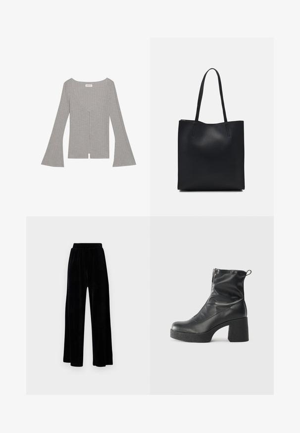 Pilka banguota palaidinė su ilgomis, platėjančiomis rankovėmis, gilia V formos iškirpte ir priekiu su plyšiu. Pagaminta iš minkštos, tamprios medžiagos.; Juoda plataus kirpimo kelnių pora, pagaminta iš minkštos velveto medžiagos, su elastingu juosmeniu ir glotnia tekstūra, be matomų detalių ar raštų.; Juodos kulkšninių botai, pagaminti iš lygaus odos, su šoniniu užtrauktuku, masyviu tekstūruotu kulnu ir apvaliu pirštu.; Juodas odinis tote krepšys su lygia tekstūra, stačiakampio formos ir dviem ilgais rankenomis. Matomų metalinių detalių ar puošybos nėra.