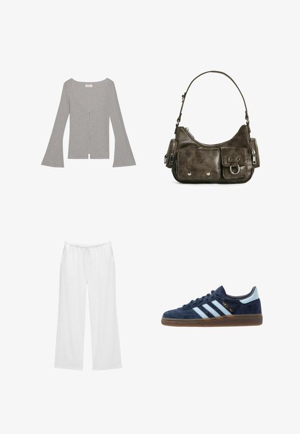 Sivý rebrovaný top s dlhými, rozšírenými rukávmi, hlbokým výstrihom do V a predným rozparkom. Vyrobený z mäkkého, elastického materiálu.; Biele nohavice s širokými nohavicami vyrobené z mäkkého materiálu, s elastickým pásom na šnúrku a dvomi bočnými vreckami. Jednoduchý a čistý dizajn.; Námornícky modré semišové tenisky Adidas s svetlomodrými pruhmi, gumenou podrážkou, svetlomodrou pätou a zlatým označením "Spezial" po boku.; Tmavozelená kožená kabelka s zakriveným tvarom, zipsovými vreckami a predným klopňovým vreckom. Obsahuje strieborné kovanie a textúrovaný povrch.