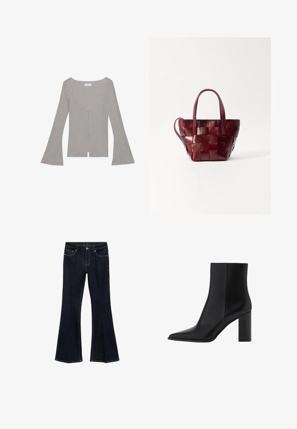 Šedý žebrovaný top s dlouhými, rozšířenými rukávy, hlubokým výstřihem do V a předním rozparkem. Vyrobený z měkkého, elastického materiálu.; Tmavě modré denimové džíny s vysokým pasem, předními kapsami a rozšířenými nohavicemi, vystavené na bílém pozadí.; Černé kožené kotníkové boty s špičatou špičkou, čtveratým podpatkem, hladkou texturou a švy podél spojů. Výška podpatku je přibližně 8,9 centimetrů.; Tkaná bordó kožená taška přes rameno s dvěma krátkými uchy a odnímatelným ramenním popruhem. Má strukturovaný tvar a hladkou texturu.