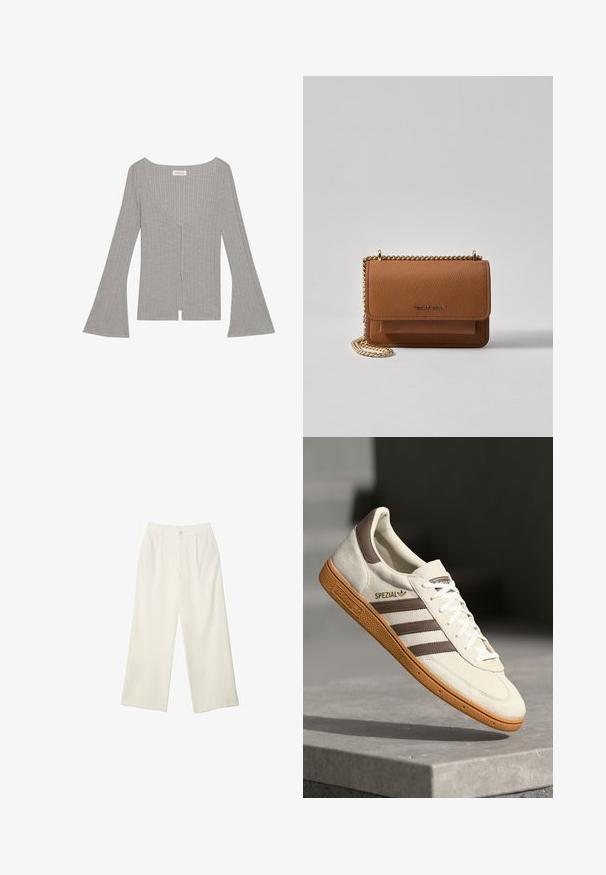 Graues, geripptes Oberteil mit langen, ausgestellten Ärmeln, tiefem V-Ausschnitt und einem Frontschlitz. Hergestellt aus einem weichen, dehnbaren Material.; Helle Stoffhose mit weitem Bein und glatter Textur, ausgestattet mit einem einzelnen Knopf vorne, dezenten Falten und einem Hochbund-Design.; Weiße Wildleder-Sneaker mit braunen Lederakzenten, drei braunen Streifen und weißen Schnürsenkeln. Verfügt über eine strukturierte Gummisohle und ein goldenes "SPEZIAL"-Logo.; Braune strukturierte Ledertasche mit goldener Kettenriemen und Klappenverschluss. Die Vorderseite zeigt ein Logo-Detail und eine Tasche unter der Klappe.