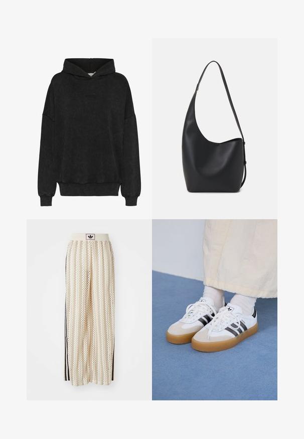 Juodas džemperis, pagamintas iš minkštos medžiagos, turintis laisvą siluetą, ilgomis rankovėmis ir įstrižiniu apvadu apačioje. Priekyje yra mažas įspaustas logotipas.; Grietos spalvos plačios kelnės su zigzagų raštu, turinčios juodą logotipo juostą ir šonines juodas juosteles. Lengvas, tekstūruotas audinys.; Baltos sportbačiai su noir juostomis ir šviesiai rudos zomšos akcentais. Yra tekstūruota gumos padas ir plokščiomis baltomis raištelėmis, dėvimi su šviesiai spalvotomis kojinėmis.; Juodas odinis hobo maišas su lygiu paviršiumi, kreipta forma ir viena reguliuojama rankena; turi platų atidarymą viršuje.