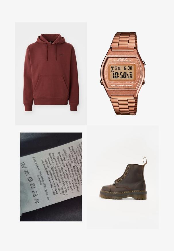 Mörkröd hoodie i mjukt tyg med en känguruficka, ribbade ärmslut och nederkant, samt en liten logotagg på bröstet.; Etikett med flerspråkig text, vårdsymboler och återvinningsikoner, tryckt på ett mjukt tygliknande material i ljus färg.; Brun läderankelboot med rund tå, kontrasterande gul söm, dekorativa metallhål och en räfflad gummisula.; Digital Casio-klocka med armband i roséguld, rektangulärt hölje, belyst display och vattentålighet, som visar tid och datum.