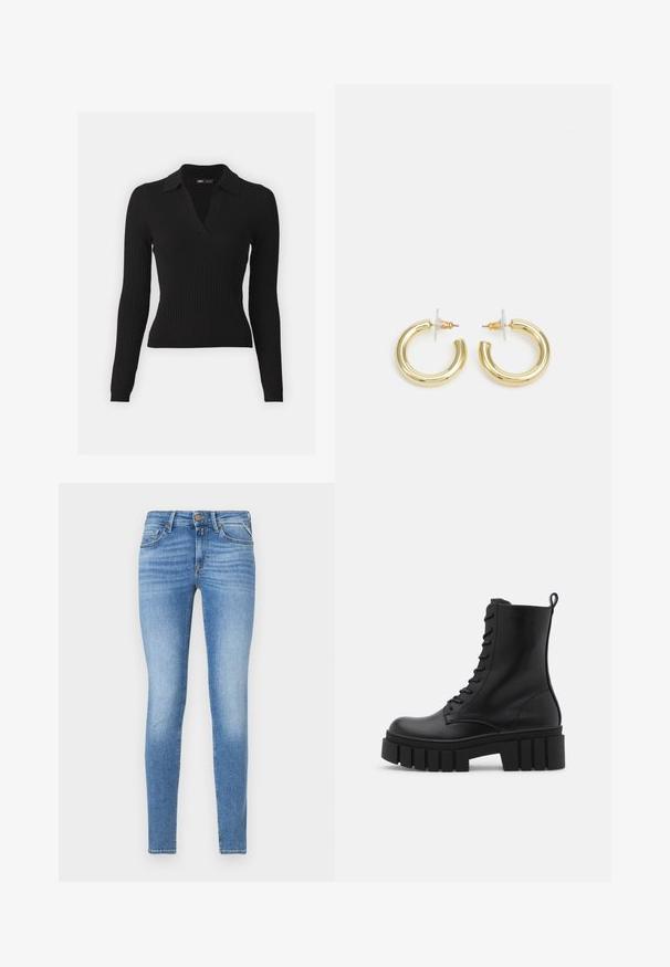 Pull en polo noir à rayures, à manches longues et col en V. Dispose d'un tissu en maille texturé et d'une silhouette ajustée pour une apparence épurée.; Jeans en denim bleu clair ajustés avec taille mi-haute, bouton frontal et design à cinq poches.; Bottines en cuir noir avec semelle épaisse et rainurée, devant à lacets et tirette sur fond blanc lisse.; Boucles d'oreilles en or avec une finition lisse et brillante. Design circulaire présentant un petit clou et une attache transparente pour un port sécurisé.