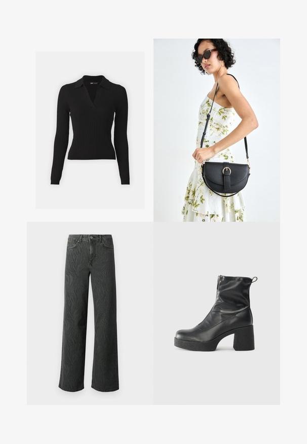 Juodas plonas ilgomis rankovėmis polo megztinis su V formos iškirpte. Pasižymi tekstūruotu nėrinių audiniu ir prigludusia siluetu, suteikiančiu elegantišką išvaizdą.; Platus džinsai tamsiai pilkoje denimo medžiagoje, su subtiliu zebro rašto tekstūra, kontrastinėmis siūlėmis ir penkių kišenių dizainu su mygtukiniu užsegimu.; Juodos kulkšninių botai, pagaminti iš lygaus odos, su šoniniu užtrauktuku, masyviu tekstūruotu kulnu ir apvaliu pirštu.; Juodas odinis krepšys su išlenkta forma, nuimamu dirželiu ir auksiniais detalėmis. Krepšys turi kilpą su sagtimi.