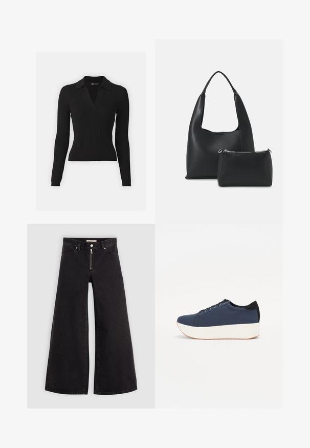 Pull en polo noir à rayures, à manches longues et col en V. Dispose d'un tissu en maille texturé et d'une silhouette ajustée pour une apparence épurée.; Jean large en denim noir avec une fermeture éclair à l'avant, un design à cinq poches et des détails de couture subtils. Texture lisse et style décontracté.; Baskets bleu marine avec un upper en tissu texturé, semelle plateforme blanche, bout arrondi et accent noir au talon. Dispose de six œillets pour les lacets.; Even&Odd Sac à main - black