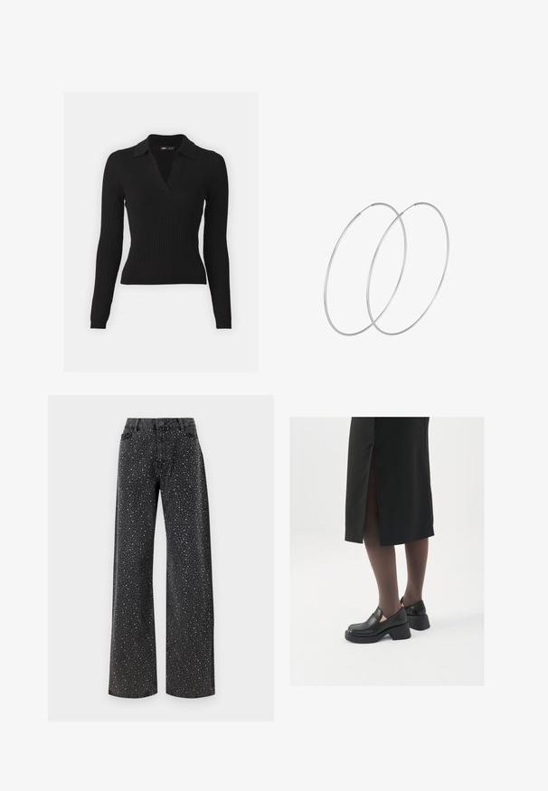 Schwarzer, gerippter Langarm-Polo-Pullover mit V-Ausschnitt. Aus strukturiertem Strickstoff gefertigt und mit einer taillierten Silhouette für ein schlankes Erscheinungsbild.; Noisy May NMJANNEL LOOSE - Jeans Relaxed Fit - black denim; Schwarze Lederschuhe mit abgerundetem Zeh, dicker Blockabsatz und elastischen seitlichen Akzenten, kombiniert mit dunklen Strumpfhosen und einem schwarzen Rock mit Schlitz.; Silberne Creolen mit minimalistischem Design. Rundform, glatte Oberfläche und dünnes Profil. Leichtgewichtig mit hochglänzender Oberfläche.