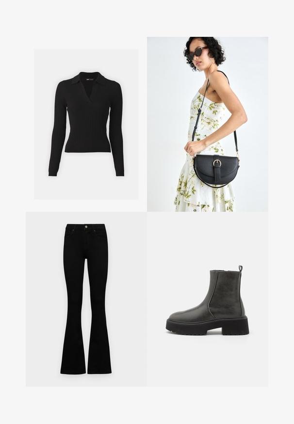 Mustra mustrade musta pika varrukaga polo-sweater V-kaelusega. Omab tekstuurset kudumkangast ja kitsast siluetti, mis tagab voolujoonelise välimuse.; Mustad kõrge vöökohtadega teksad, millel on nööp ja lukuga sulgemine, esikäe taskud ja laienevad sääred, asetatud tasasele valgele taustale.; Mustad musta värvi ankle botiid, millel on siledast sünteetilisest materjalist ülemine osa, elastsed külgpaneelid, tõmmeeris ja paks kummine аллергиз.; Mustmust mustraha kõverate joontega, eemaldatava rihmaga ja kuldsete detailidega. Kotil on klapp, millel on pandladetail.