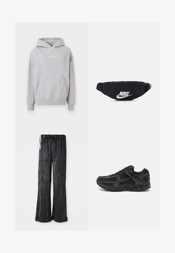 Sweatshirt cinza em algodão com bolso canguru, punhos canelados e texto "PEGADOR" no peito, com texto adicional na manga.; Calças cargo pretas feitas de um tecido brilhante e texturizado. Apresentam um design de perna larga, cintura elástica com cordão e vários bolsos laterais.; Sapatilha atlética preta com parte superior em malha, sola de borracha e toques texturizados. O design inclui um sistema de atacadores pronunciado e sola almofadada.; Mochila de cintura preta em nylon com fecho com zíper, apresentando um grande logótipo branco da Nike. Textura suave e design ergonómico para um uso confortável.