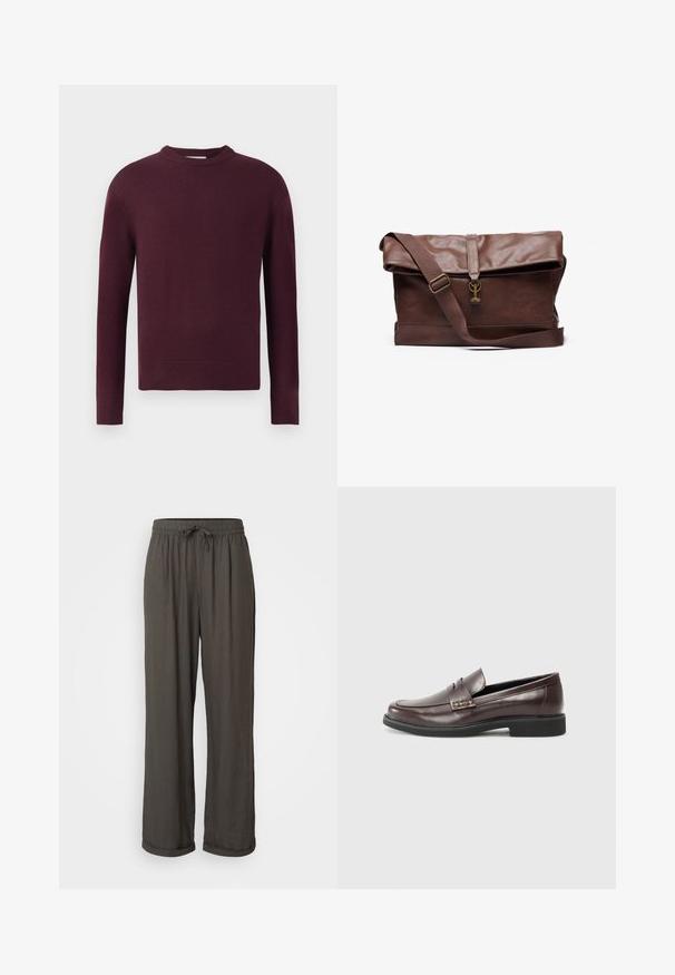 Pulôver de malha bordô com mangas longas, decote redondo e barra e punhos canelados. A textura do tecido parece suave e leve.; Calças largas de cor cinza escuro com um cós ajustável, feitas de um tecido macio e texturizado, apresentando punhos dobrados nos tornozelos.; Mocassins de couro castanho com um acabamento suave, destacando um discreto detalhe costurado na parte superior e uma sola de borracha preta.; Mala mensageiro em pele castanha com aba dobrável, alça ajustável, ferragens metálicas e um acabamento suave. Inclui um fecho frontal com um laço.