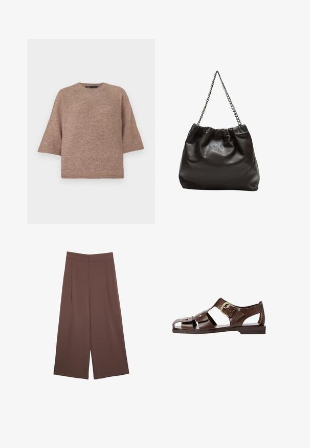 Brauner Strickpullover mit Rundhalsausschnitt, lockerer Passform und kurzen, weiten Ärmeln. Weiche Textur, geeignet für lässige Outfits.; Braune Weite-Leg-Hosen mit einer glatten Textur, hoher Taille und Vorderfalten. Der Stoff ist leicht und fällt locker.; Braune Leder-Sandale mit ausgeschnittenem Design, verstellbarem seitlichem Riemenverschluss und flacher Sohle, mit Metallakzenten und offenem Zehenbereich.; Braune Lederhandtasche mit gerafftem Oberteil und Kettenriemen. Glatte Textur mit glänzendem Finish und subtilen Nahtdetails an den Seiten.
