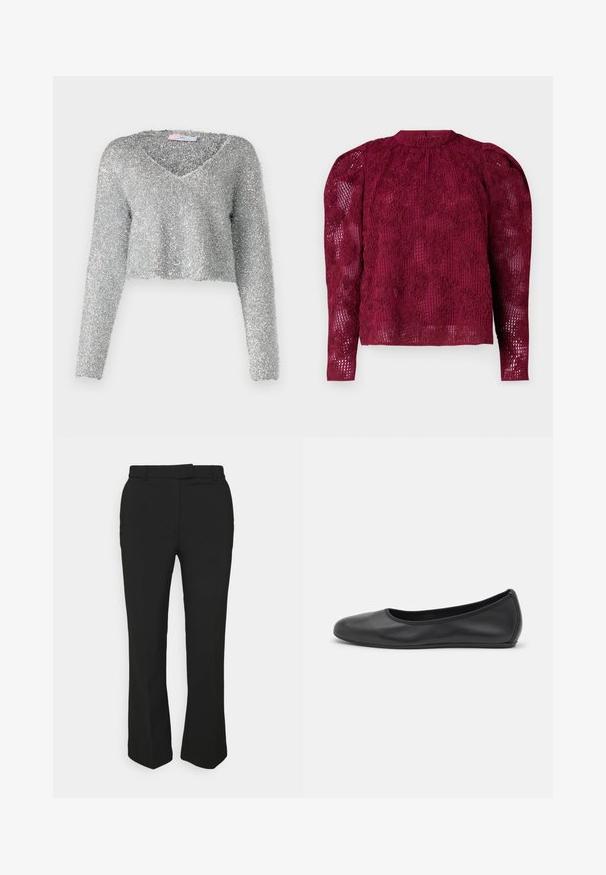 Silver, cropped sweater with long sleeves, made from a fuzzy, textured material. Features a deep V-neckline. Shiny and lightweight appearance.; Burgundy long-sleeve top with intricate floral lace texture, high neckline, and puffed shoulders. Sheer fabric with a subtle pattern.; Black tailored pants with a straight-leg design, featuring belt loops and side pockets. Made from smooth fabric with a clean finish.; Black leather ballet flat with a rounded toe, smooth texture, minimal stitching detail, and a flexible sole design.