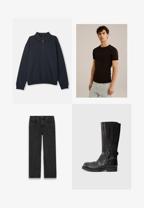 Donkerblauwe lange mouwen pullover met een halve rits aan de voorkant en een spitse kraag, geribbelde manchetten en zoom.; Zwarte korte mouwen t-shirt met een ronde halslijn, gemaakt van een gladde, rekbare stof. De pasvorm is slim, ontworpen om dicht tegen het lichaam aan te zitten.; Zwarte denim jeans met een rechte snit, voorzien van vijf zakken, een knoopsluiting en lichte vervaging. Gelaagd stof en minimale stikseldetails.; Zwarte leren laarzen tot de knie met een ronde neus, contrasterende stiksels, een gespsluiting aan de zijkant en gestructureerde accenten aan de buitenkant.