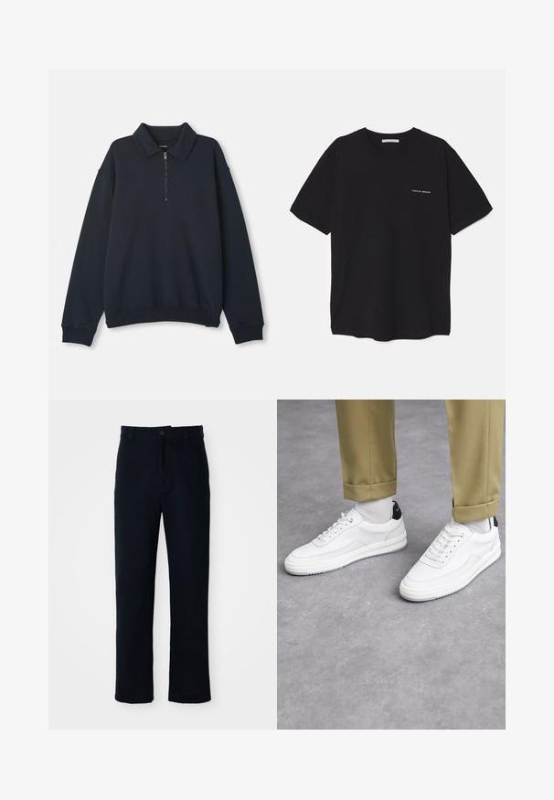 Navy blue long-sleeve pullover with a half-zip front and pointed collar, ribbed cuffs and hem.; Black cotton T-shirt with a crew neck, short sleeves, and a white logo print on the left chest. Simple, solid color design.; Navy blue trousers made of cotton, featuring a straight-leg design, a front button closure, and classic waistband with belt loops.; White sneakers with a textured leather finish, rounded toe, and black heel accent. Rubber sole with small tread pattern and stitched detail.