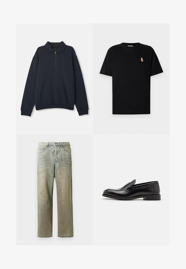 Donkerblauwe lange mouwen pullover met een halve rits aan de voorkant en een spitse kraag, geribbelde manchetten en zoom.; Zwarte korte mouwen t-shirt met ronde hals, met een klein geborduurd oranje vossenlogo op de linkerborst.; Verweerde denim jeans in lichtgroen, met een rechte pijp, vijf-pocket ontwerp en ongelijkmatige vervaging met verfspatten.; Zwarte leren instappers met een gladde textuur, ronde neus en een decoratieve band over de wreef. Lage, gestapelde hak en minimalistisch ontwerp.