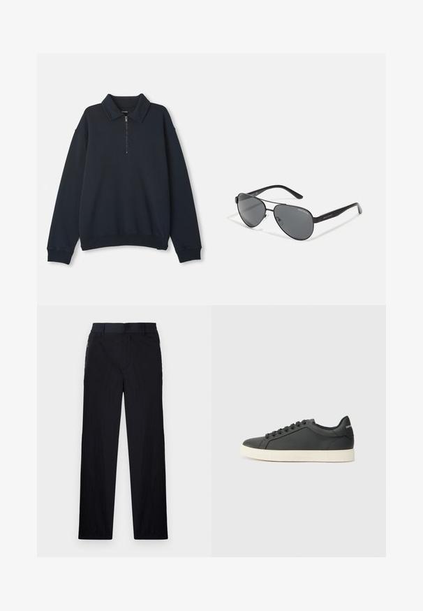 Mørkeblå langermet genser med halv-ull foran og spiss krage, ribbestrikkede mansjetter og kant.; Sorte bukser med lett og teksturert stoff, rett ben-design, elastisk midjebånd og sidelommer med glidelås.; Svart skinnsneaker med lav profil, rund tå og snøring; har en teksturert gummisåle og logo-detalj på hælen.; Svarte pilotbriller med mørke linser, tynn metallramme og slanke plastarmer med logo aksenter.