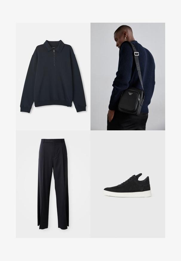 Tamno plavi pulover dugih rukava s polu-zipom sprijeda i šiljatim ovratnikom, s rebrastim manžetama i rubom.; Crne, hlače visokog struka s širokim nogavicama, izrađene od glatkog materijala. Sadrže prednje nabore i petlje za remen. Minimalistički dizajn, bez vidljivih metalnih dijelova.; Crne nubuk tenisice s bijelim gumenim potplatom, s toniranim šavovima i dizajnom vezanja. Glatka tekstura s modernim, strujnim oblikom.; Crna kožna torba preko tijela s patentnim zatvaračem, detaljem logotipa i podešivim remenom s marciranjem. Nosiva s teksturiranom mornarsko plavom pletivom.
