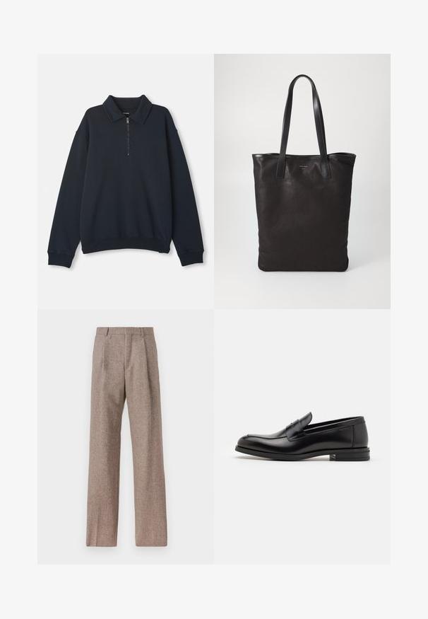 Navy modra majica z dolgimi rokavi in pol-zadrgo spredaj, s koničastim ovratnikom, rebrastimi manšeti in robom.; Rjave hlače z visokim pasom, izdelane iz teksturirane tkanine. Imajo široke noge in dve sprednji pregibi za strukturo. Urejen zaključek brez vidne strojne opreme.; Črne usnjene loafer čevlje z gladko teksturo, zaobljenim nosom in dekorativnim trakom čez zgornji del. Nizka zložena peta, minimalističen dizajn.; Črna platnena torba s črnimi usnjenimi ročaji. Preprost dizajn, prostorna notranjost in gladka tekstura. Brez vidnih logotipov ali vzorcev.