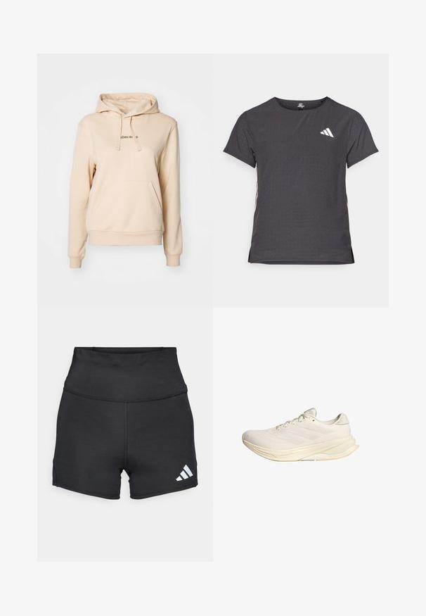 Beige hooded sweatshirt made of soft fabric with a front pocket. Features drawstring hood and green text on the chest.; Short-sleeve athletic t-shirt, dark gray with perforated texture. Features a white logo and contrasting side stripes. Rounded neckline.; adidas Performance Leggings - black; Light beige athletic shoe with a mesh upper, flat laces, and a cushioned sole. Features three stripes design on the lateral side.