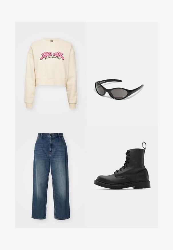 Kremna skrajšana športna majica iz mehkega materiala, z grafičnim logotipom v roza in črni barvi. Pleteni ovratnik in manšete. Ohlapen kroj.; Modre denim široke hlače z visokim pasom, z gumbu za zapiranje, zanko za pas in zbledelostjo nad stegna. Ravne hlačnice.; Črne usnjene vojaške škornje s okroglo konico, z vezalkami spredaj in z zanko na gležnju. Imajo debele gumijaste podplate za dolgo življenjsko dobo.; Črne sončna očala ovalne oblike s temnimi lečami. Eleganten plastični okvir z teksturiranimi poudarki na ročajih. Blagovna znamka na strani.; Zlate obroče ušesne uhane, tanke in krožne oblike, z gladko kovinsko površino brez okrasnih elementov ali vzorcev.