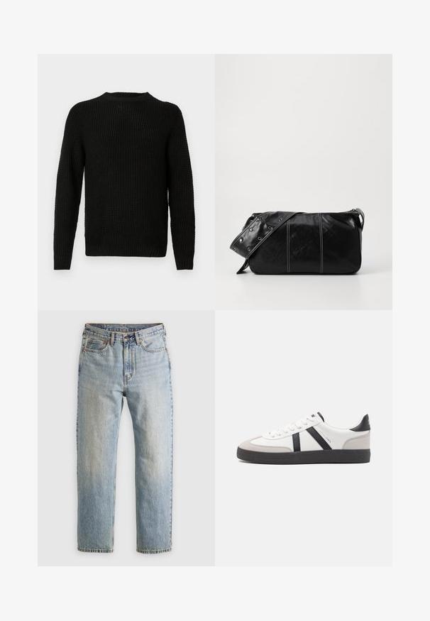 Černý pletený svetr s kulatým výstřihem, dlouhými rukávy, texturovaným vzorem a žebrovanými manžetami a spodním lemem. Klasický volný střih.; Svetle modré džíny z denimu s vysokým pasem, předním knoflíkem, zipem a designem s pěti kapsami, ležící rovně na neutrálním pozadí.; Bílé tenisky s černými a šedými akcenty, opatřené texturovaným šedým prstovým krytem, černou gumovou podrážkou a plochými bílými tkaničkami. Čistý design, minimalistický styl.; Černá kožená kabelka přes rameno se zapínáním na zip, s texturovaným tělem, bílým prošíváním a popruhem se stříbrnými očky.