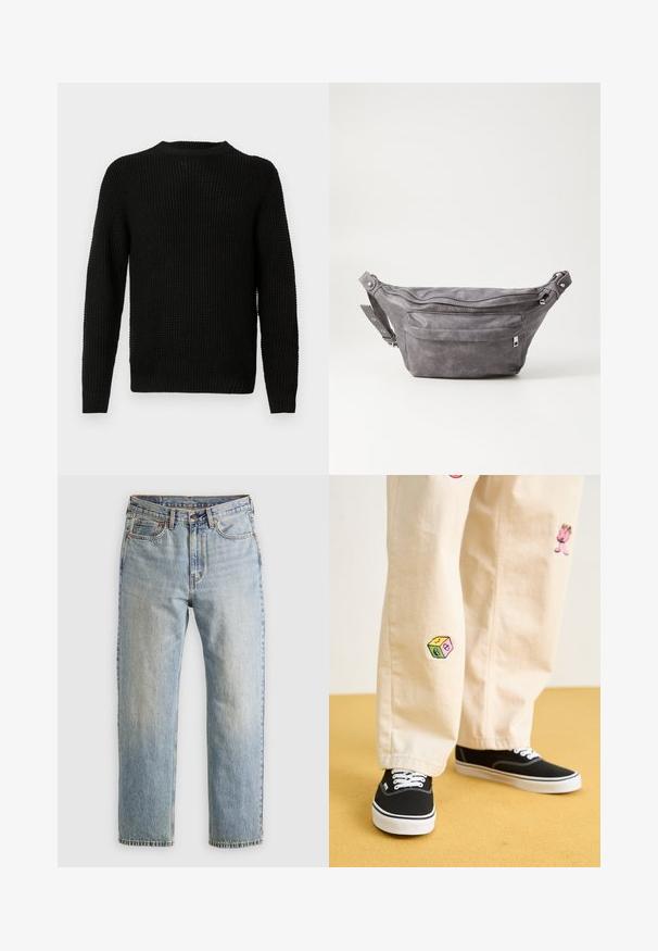 Black knitted sweater with a round neckline, long sleeves, textured pattern, and ribbed cuffs and hem. Classic loose-fitting design.; Light blue denim jeans with high waist, front button, zipper, and five-pocket design, laid flat on a neutral background.; Beige cotton pants with playful embroidered designs including a pink character and colored block, paired with black lace-up sneakers.; Gray suede fanny pack with a rounded shape, two zippered compartments, and adjustable strap. Features metal hardware accents.