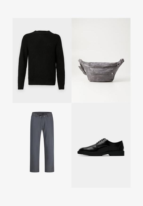 Pulover negru tricotat cu guler rotund, mâneci lungi, model texturat și manșete și tiv cu nervuri. Design clasic, lejer.; Pantaloni gri cu elastic în talie și șnur de ajustare. Design cu pantaloni dreapi, confecționați dintr-un material neted, caracterizați prin cusături minime și fără accesorii vizibile.; Pantof black din piele cu un finisaj neted, vârf rotunjit, design cu șireturi și talpă din cauciuc discretă pentru aderență.; Borseta gri din suede, cu o formă rotunjită, două compartimente cu fermoar și curea ajustabilă. Are accente din metal.