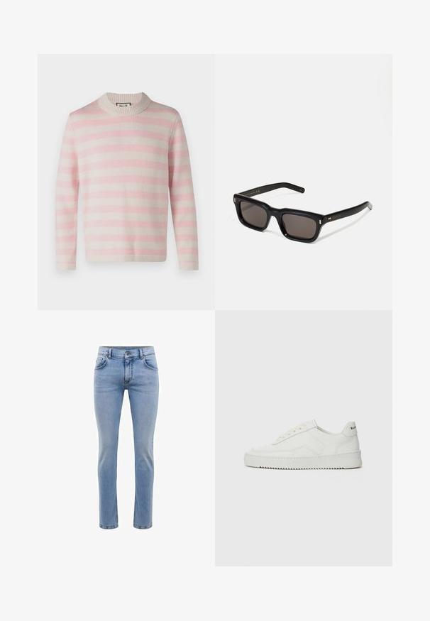 Leichtes Langarmpullover mit abwechselnden Streifen in Pink und Creme. Mit einem gerippten Rundhalsausschnitt und einer glatten, weichen Textur.; Hellblaue, slim-fit Jeans aus Denim mit fünf Taschen und geradem Bein. Mit Reißverschluss und Gürtelschlaufen ausgestattet. Weicher Stoff.; Weiße Ledersneaker mit glatter Oberfläche, runder Zehenpartie, flachen Schnürsenkeln und strukturiertem Sohlenprofil. Mit einem dezenten Logo an der Ferse.; Schwarze rechteckige Sonnenbrille mit dunklen Gläsern, dickem Kunststoffrahmen, goldenen Akzenten an den Bügeln und eingraviertem Markenlogo am Arm.