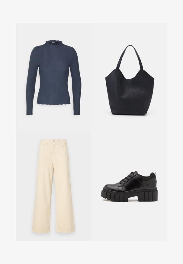 Jūras spēku garām piedurknēm tops ribota tekstūrā. Iezīmēts ar augstu kakla izgriezumu ar viļņotu malu un šaura piegriezuma dizainu.; Bežīgas platpēdas džinses, izgatavotas no kokvilnas. Iekļauj pogu aizdari, jostas cilpas un priekšējos kabatas ar gludu, mīkstu tekstūru.; Melnas ādas platformas kurpes ar masīvu bloku papēdi, apaļu purngalu un tradicionālu saistīšanas dizainu. Izceļas ar gludu tekstūru un minimālu apdari.; Melnas rokassomas, kas izgatavota no gludas ādas, ar izliekto atvērto augšu, divām plecu jostām un minimālistisku dizainu.