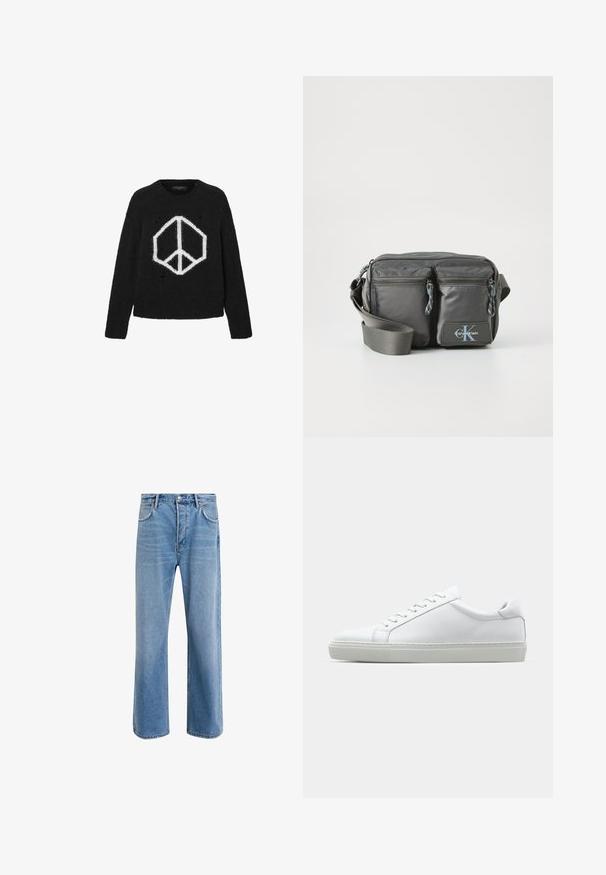 Schwarzer Strickpullover mit weißem Friedenszeichen-Grafik, runder Ausschnitt, langen Ärmeln und ausgefransten Details im Stoff.; Helle blaue Jeans im Geradeschnitt-Design, mit fünf Taschen, Knopfverschluss, minimaler Ausbleichung und kontrastierenden Nähdetails.; Weißer Sneaker mit glattem Lederobermaterial und niedrigem Profil. Verfügt über eine runde Zehenpartie, sechs Ösen und eine strukturierte Gummisohle.; Graue Nylon-Crossbody-Tasche mit zwei Reißverschluss-Fronttaschen, verstellbarem Riemen und Logo-Akzent. Glatte Textur mit modernem Design.