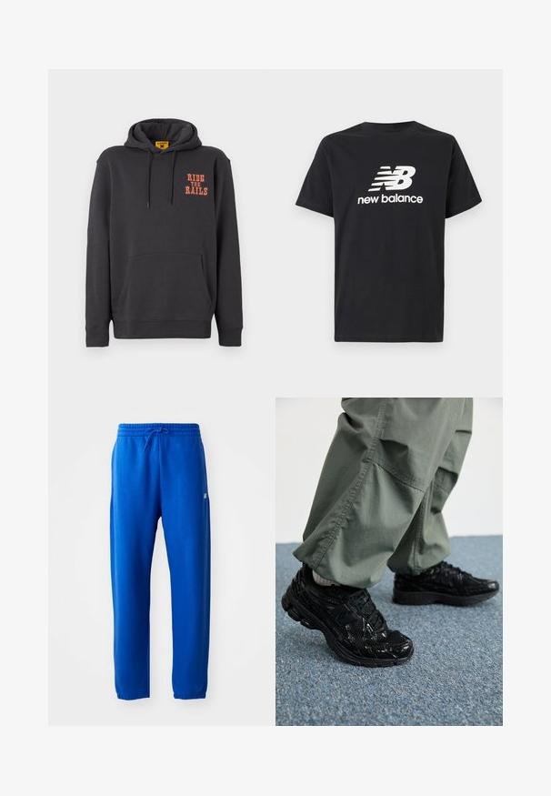 Sudadera gris con un bolsillo canguro, capucha con cordón y texto naranja "RIDE THE RAILS" en el pecho. Tejido suave con una textura lisa.; Camiseta de algodón negra con un logo blanco de New Balance y un diseño gráfico en la parte frontal. Mangas cortas y cuello redondo.; Pantalones de chándal azules hechos de tejido suave, con una cintura elástica y cordón, piernas ajustadas y un pequeño detalle de logo en el costado.; Zapatillas deportivas negras con texturas brillantes y de malla, que presentan una suela gruesa y cordones, combinadas con pantalones cargo holgados de color verde oliva.
