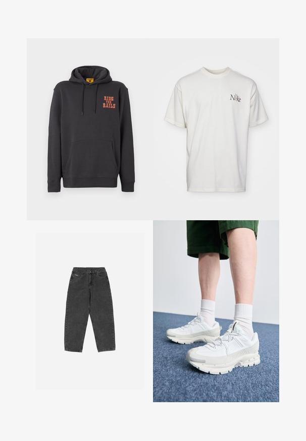 Šedá mikina s klokaní kapsou, kapucí na stažení a oranžovým nápisem "RIDE THE RAILS" na hrudi. Měkká látka s hladkým povrchem.; Bílá bavlněná tričko s vyšitým hnědým logem Nike na levém prsu. Volný střih, krátké rukávy a kulatý výstřih.; Černé džíny z denimu s vysokým pasem, rovnými nohavicemi, pěti kapsami a nenápadným logem značky na přední straně. Měkká textura a pohodlný střih.; Bílé sportovní boty s texturovanými překryvy, masivní podrážkou a šedými akcenty. Na nohou mají bílé ponožky a zelené šortky na modrém povrchu.