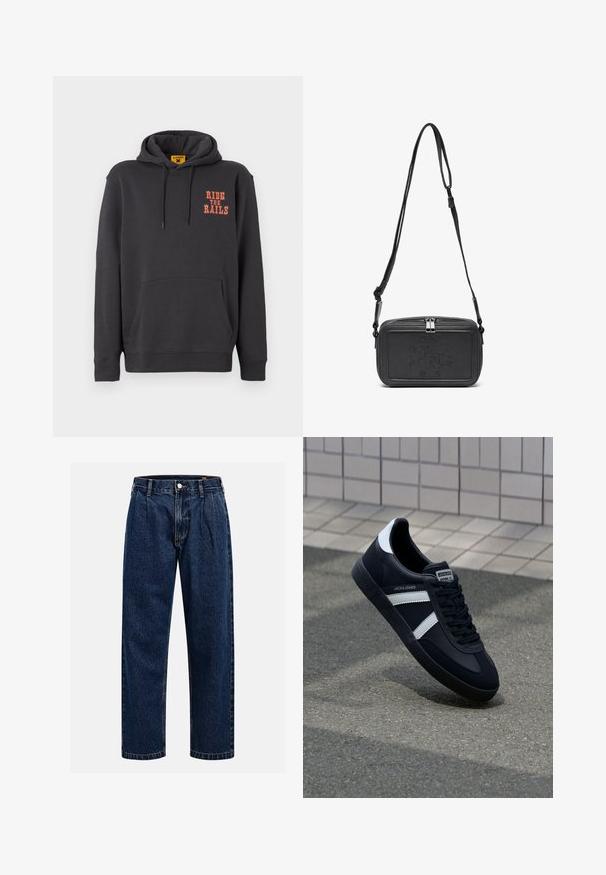 Grijze hoodie met een kangoeroezak, een capuchon met trekkoord en oranje "RIDE THE RAILS" tekst op de borst. Zacht materiaal met een gladde textuur.; Donkerblauwe denim jeans met een rechtlopende pasvorm. Beschikt over zichtbare stiksels, een knoopsluiting en voorste plooien voor extra detail.; Zwarte leren sneaker met witte strepen, een gestructureerde rubberen zool en vetersluiting aan de voorkant. Voorzien van een merklabel op de tong.; Zwarte leren schoudertas met een ritssluiting, reliëflogo aan de voorkant en een verstelbare schouderriem. Gladde textuur met een rechthoekige vorm.