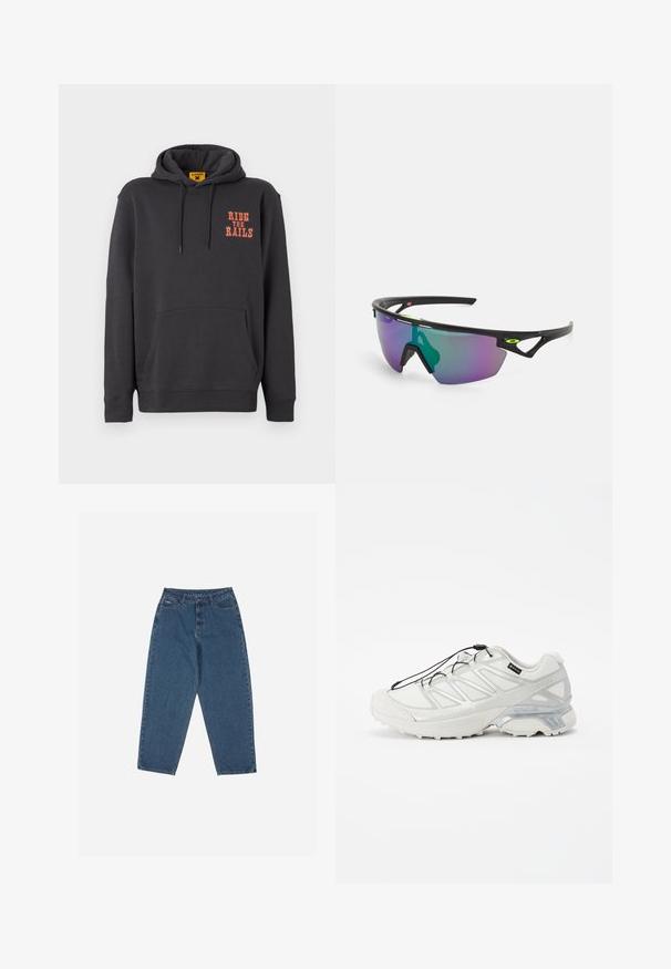 Szürke kapucnis pulóver kenguruzsebbel, húzózsinórral ellátott kapucnival, a mellkason narancssárga "RIDE THE RAILS" felirattal. Puha anyag, sima textúrával.; Kék farmernadrág, laza szabással, magas derékkal, öt zsebes kialakítással és varrási díszítésekkel. Gombos és cipzáros záródással rendelkezik.; Fehér sportcipő strukturált hálós felsőrésszel, fényvisszaverő részletekkel és párnázott talppal. Rugalmas fűzőkkel és szürke díszítéssel rendelkezik.; Fekete keretes sport napszemüveg, nagy, lila és zöld árnyalatú, gradiens lencsével, szögletes formatervezési kiemelésekkel és logó részletekkel.