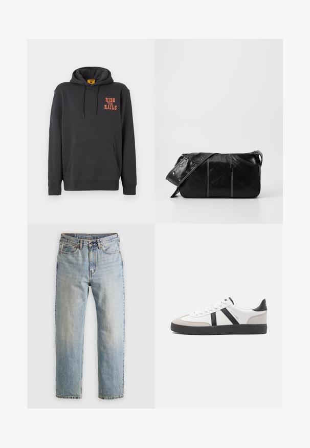 Felpa grigia con tasca a marsupio, cappuccio con coulisse e scritta arancione "RIDE THE RAILS" sul petto. Tessuto morbido con una texture liscia.; Jeans in denim azzurro chiaro con vita alta, bottone anteriore, cerniera e design a cinque tasche, adagiati su uno sfondo neutro.; Sneaker bianco con accenti neri e grigi, dotata di una punta grigia testurizzata, suola in gomma nera e lacci bianchi piatti. Design pulito, stile minimalista.; Borsa a spalla in pelle nera con chiusura a zip, caratterizzata da un corpo testurizzato, cuciture bianche e una tracolla con occhielli in argento.