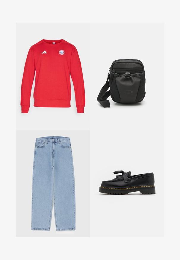 Červená mikina s kapucňou s dizajnom Adidas s tromi pruhmi, okrúhlym výstrihom, rebrovanými manžetami a logom FC Bayern München na hrudi. Mäkká textúra látky.; Svetlomodré denimové džínsy s rovnými nohavicami, s polovysokým pásom, piatimi vreckami a zapínaním na gombík a zips.; Čierne kožené loafre s detailom na strapcoch, s masívnou čiernou podrážkou a žltým prešitím pozdĺž okraja. S textúrovaným povrchom.; Čierna nylonová crossbody taška s vreckami na zips, textúrovaným povrchom, nastaviteľným popruhom a detailom loga na prednej strane. Kompaktný dizajn.