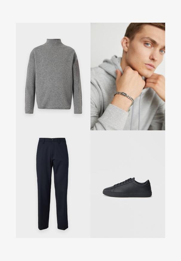 Pulover gri cu guler înalt, cu mâneci lungi, realizat dintr-un material tricotat moale. Are o croială boxy și detalii cu dantelă pe guler.; Pantaloni bleumarin dintr-un material neted, cu un buton în față, design drept și buzunare laterale. Fără modele sau detalii vizibile.; Adidași negri din piele netedă, cu un design low-top, vârf rotund și talpă plată din cauciuc. Au șireturi și un branding subtil.; Brățară din lanț argintie cu un etichetă rectangulară neagră gravată cu "BOSS". Purta pe o mână, având în fundal un hanorac gri.