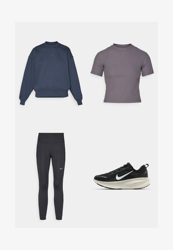 Námořnická modrá mikina z bavlněné směsi s kulatým výstřihem, spuštěnými rameny, žebrovanými manžetami a malým vyšitým logem "BORG" vepředu.; Halenka s krátkým rukávem a vysokým límcem vyrobená z šedé žebrované látky. Přiléhavý střih s plochými švy a hladkou texturou. Žádné vzory ani grafika.; Černé legíny vyrobené z elastického materiálu, s vysokým pasem a bílým logem Nike na levém stehně. Hladká textura, přiléhavý střih.; Černá běžecká obuv Nike s prodyšným síťovaným svrškem, bílým logem swoosh, texturovanými detaily a krémovou mezipodešví ZoomX.