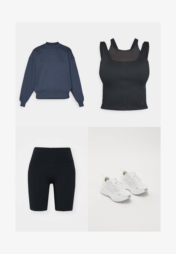 Sweatshirt bleu marine en mélange de coton avec un col rond, des épaules tombantes, des poignets côtelés et un petit logo "BORG" brodé sur le devant.; Soutien-gorge de sport noir avec une coupe ajustée, des bretelles larges et une superposition en mesh sur le devant. Texture lisse et coutures minimalistes. Logo Nike à l'ourlet.; Shorts de vélo noirs taille haute en tissu extensible avec une texture lisse, dotés de poches latérales et d'un design ajusté.; Baskets de sport blanches avec une tige en maille texturée, une semelle rembourrée et de subtils accents gris. Comprend un logo et une languette en boucle au talon pour un enfilage facile.