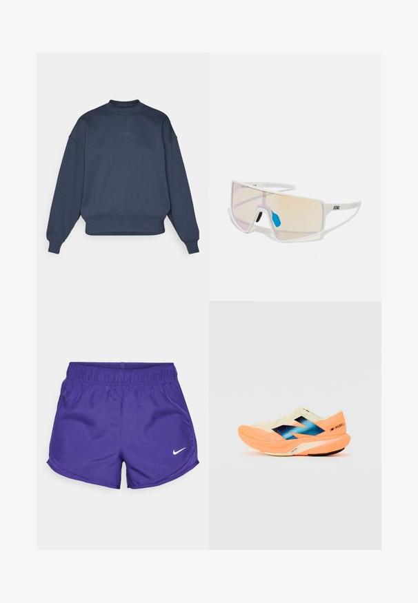 Tummansininen collegepaita, joka on valmistettu puuvillaseoksesta, jossa on pyöreä kaula-aukko, pudotetut olkapäät, ribbireunat ja pieni brodeerattu "BORG" -logo etupuolella.; Valkoinen hihaton urheilu toppi, joka on valmistettu sileästä kankaasta. Topissa on pyöreä kaula-aukko ja pieni musta Nike-logo rinnassa.; Violet urheilusortsit, jotka on valmistettu sileästä kankaasta, jossa on joustava vyötärö ja valkoinen Nike-logo alareunassa oikealla puolella.; Juoksukengät, joissa on kevyt kerma värinen päällinen, sininen brändäys ja oranssit yksityiskohdat pohjassa. Verkkotekstuuri hengittävyyttä varten.; Valkoiset kehykset aurinkolasit, joissa on suuret, gradienttilinssit, joissa on vaaleanpunainen ja vaalea oranssi sävy. Lasien yksityiskohtia korostaa sininen nenäosa ja logo.