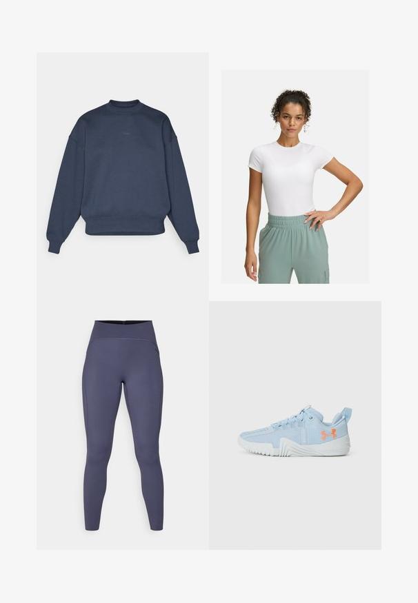 Felpa blu navy realizzata in misto cotone con collo a giro, spalle scese, polsini a coste e piccolo logo "BORG" ricamato sul davanti.; T-shirt bianca aderente con maniche corte, abbinata a pantaloni con elastico in vita di colore verde chiaro. Texture liscia, design minimalista e nessun motivo visibile.; Leggings a vita alta di un colore grigio scuro uniforme. Realizzati in un tessuto elastico con cuciture piatte e un design aderente e affusolato delle gambe.; Scarpa sportiva azzurro chiaro realizzata in materiale mesh con suola testurizzata, caratterizzata da un logo arancione e un design con lacci.