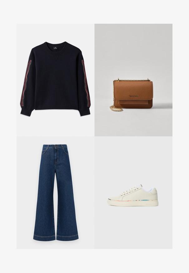 Jūras spēku džemperis ar apaļu izgriezumu, garām piedurknēm un rakstainiem akcentiem sarkanā, dzeltenā un baltā krāsā gar malām. Izgatavots no mīksta materiāla.; Plati ziladenim bikses ar augstu jostasvietu, kas aprīkotas ar pogas aizdari, jostu cilpām un nelieliem šuvju detalizējumiem ap kabatām un malām.; Off-white zemas tenisa kurpes ar auklām, baltā iekšējā oderē un maiga daudzkrāsaina apmale ap zoli, sānu skats.; Brūna teksturēta ādas plecu soma ar zelta ķēdes siksnu un atloka aizdari. Priekšpusē ir logotipa detaļa un kabata zem atloka.