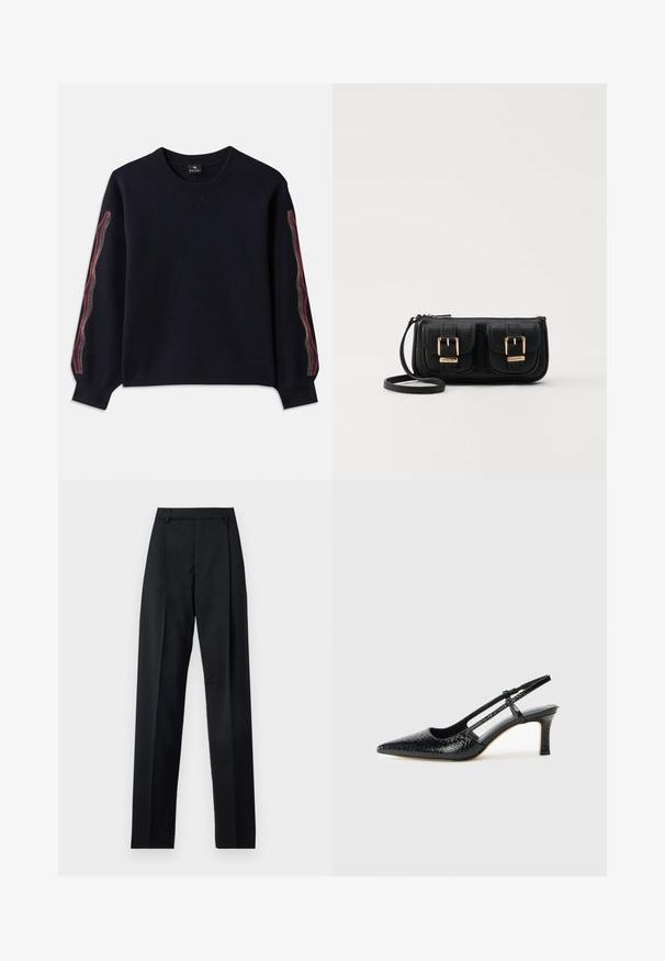 Tengerészkék pulóver kerek nyakkivágással, hosszú ujjakkal, piros, sárga és fehér mintázattal az oldalán. Puha anyagból készült.; Fekete nadrág sima anyagból, magas derékkal, széles lábakkal, elülső redőkkel és klasszikus övhurkokkal. Oldalzsebek nem láthatók.; Fekete lakk slingback sarok, hegyes orral, texturált kígyómintával, állítható pánttal és rövid, texturált tömbsarkal.; Fekete bőr keresztbody táska két elülső zsebbel, arany csattokkal, cipzáras záródással és vékony pánttal. Textúrált felület és kompakt téglalap alak.